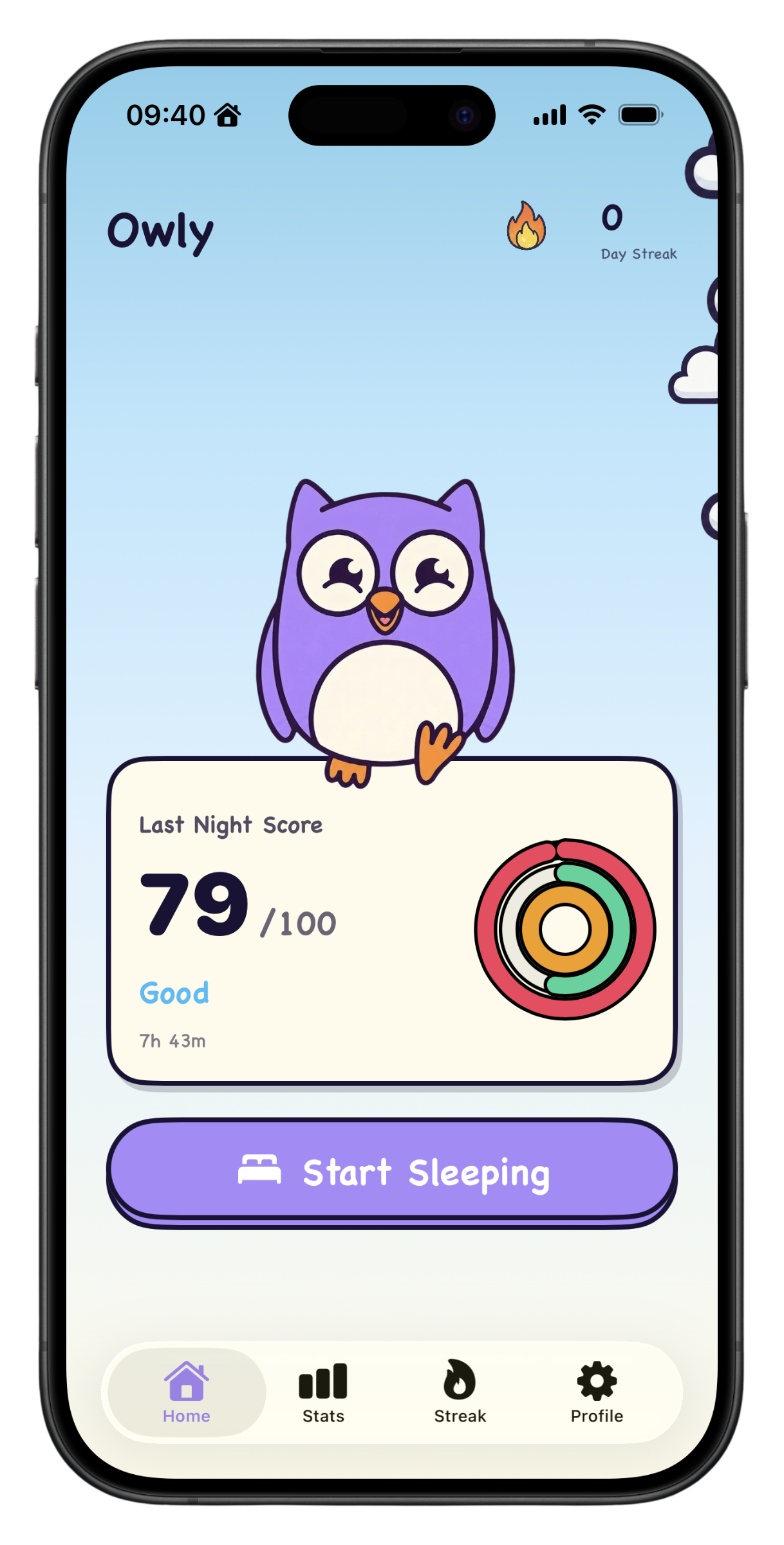 Owly App: Sleep Score 79 on the iPhone Home Screen